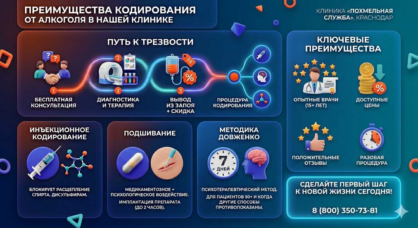 Инфографика о методах кодирования от алкоголя в Татарске: инъекции, подшивание, метод Довженко. Преимущества клиники и этапы лечения.