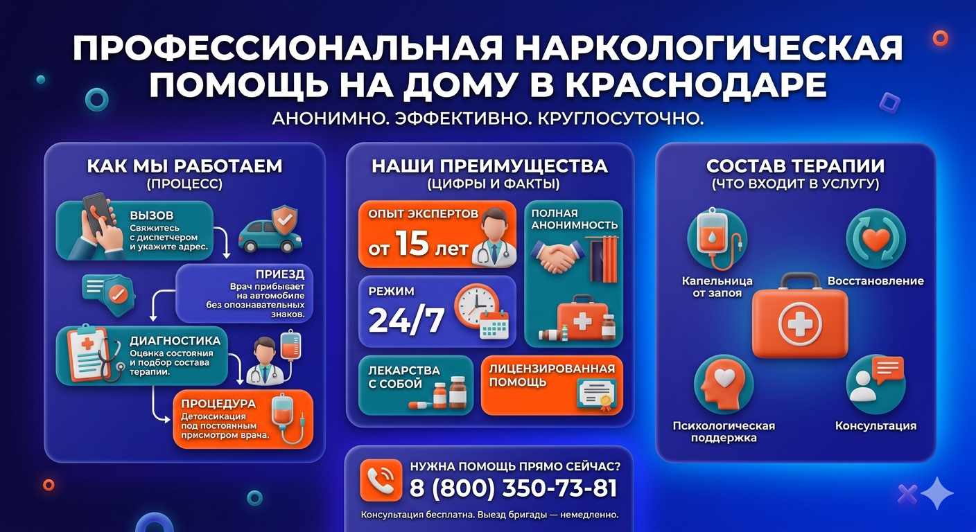 Инфографика о принципах лечения алкоголизма на дому в Татарске: этапы вызова нарколога, преимущества анонимной детоксикации и состав медицинской помощи.